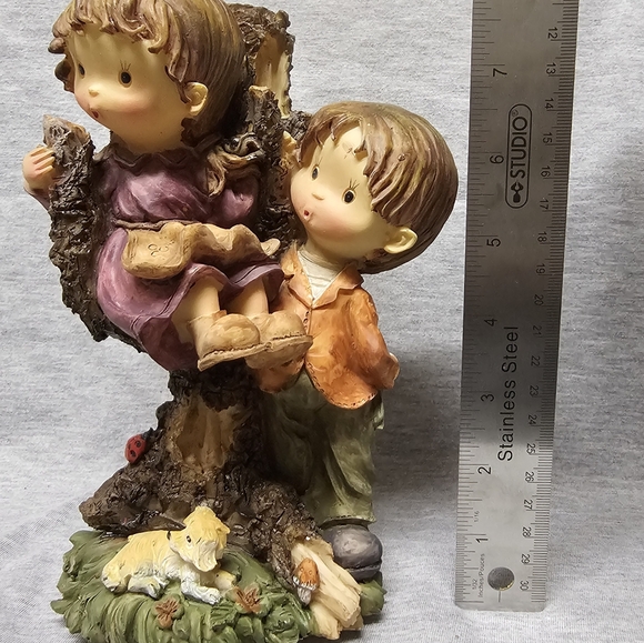 2 × 8" Wooden Art Figurine Of Boy And Girl In A Tree Branch With Pet Dog - Picture 11 of 11